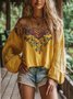 Vacation Floral Printing Cold Shoulder Balloon Sleeve Blouse
