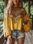 Vacation Floral Printing Cold Shoulder Balloon Sleeve Blouse