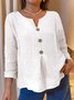 Casual Plain Buttoned V Neck Blouse