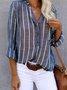Women's Long Sleeve Shirt Spring/Fall Light Blue Striped Split Joint Cotton-Blend V Neck Daily Going Out Casual Top