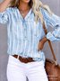 Women's Long Sleeve Shirt Spring/Fall Light Blue Striped Split Joint Cotton-Blend V Neck Daily Going Out Casual Top