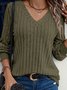 Women Plain V Neck Vintage Long Sleeve T-shirt