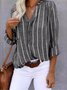 Women's Long Sleeve Shirt Spring/Fall Light Blue Striped Split Joint Cotton-Blend V Neck Daily Going Out Casual Top