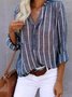 Women's Long Sleeve Shirt Spring/Fall Light Blue Striped Split Joint Cotton-Blend V Neck Daily Going Out Casual Top