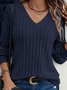 Women Plain V Neck Vintage Long Sleeve T-shirt