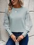 Solid color long sleeve embroidered lace patchwork waffle round neck top