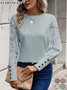 Solid color long sleeve embroidered lace patchwork waffle round neck top