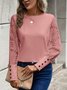 Solid color long sleeve embroidered lace patchwork waffle round neck top