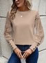 Solid color long sleeve embroidered lace patchwork waffle round neck top