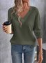 Women Plain V Neck Vintage Long Sleeve T-shirt
