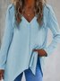 Women Plain V Neck Vintage Long Sleeve T-shirt