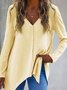 Women Plain V Neck Vintage Long Sleeve T-shirt
