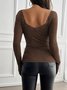 Women Floral Square Neck Casual Long Sleeve T-shirt