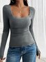 Women Floral Square Neck Casual Long Sleeve T-shirt