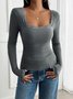 Women Floral Square Neck Casual Long Sleeve T-shirt