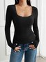 Women Floral Square Neck Casual Long Sleeve T-shirt