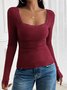 Women Floral Square Neck Casual Long Sleeve T-shirt