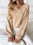 Casual V Neck Color Block Cotton Sweatshirt
