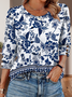 Women Geometric V Neck Vintage Long Sleeve T-shirt