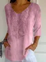 Women Floral V Neck Casual Three Quarter Sleeve T-shirt