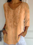 Women Floral V Neck Casual Three Quarter Sleeve T-shirt