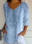 Women Floral V Neck Casual Three Quarter Sleeve T-shirt