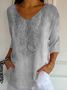 Women Floral V Neck Casual Three Quarter Sleeve T-shirt