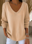 Women Plain V Neck Casual Long Sleeve T-shirt