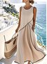 Women's Short Sleeve Summer Light Khaki Plain Split Joint V Neck Daily Going Out Vintage Maxi A-Line Tank Dress