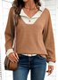 Women Color Block V Neck Casual Long Sleeve T-shirt