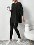 Women's Embossed Plain Daily Going Out Two-Piece Set Black Casual Spring/Fall Top With Pants Matching Set
