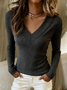 Women Plain V Neck Casual Long Sleeve T-shirt