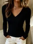 Women Plain V Neck Casual Long Sleeve T-shirt