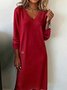 Women's Long Sleeve Spring/Fall Red Plain Split Joint V Neck Daily Going Out Casual Maxi A-Line T-Shirt Dress Dress