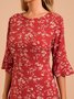 Red Frill Sleeve Cotton Crew Neck Floral Weaving Dress