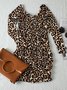 Brown Leopard Tc Sheath Long Sleeve Knitting Dress