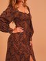 Brown Long Sleeve Animal Tc Slit Women Dress