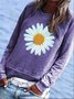Women Blue Sunflower Printed Cotton-Blend Crew Neck Floral Sweatshirt