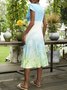 2021 Summer Casual Print Color Splicing A skirt Short Sleeve Holiday V Neck Knitting Dress