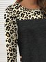 Long sleeve round neck black stitched leopard t-shirt t-shirt female