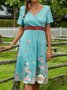 2021 Summer Casual Print Contrasting Color V-neck Holiday Short Sleeve Knitting Dress