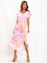 Multicolor  Lace-Up Ombre/tie-Dye Short Sleeve Cotton Knitting Dress
