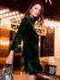Deep Green A-Line Turtleneck Long Sleeve Velvet Knitting Dress