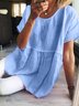 Women Casual Loose Crew Neck Solid Cotton Linen Short Sleeve Tunic Top
