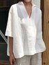 Women's Shirt Blouse Linen Plain Black White Casual Basic V Neck Half Sleeve Linen and Cotton 