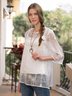 Women Bell Sleeve Floral Tulle Plain Top