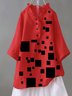 Red Cotton-Blend Short Sleeve Geometric Top