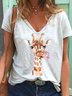 White Floral-Giraffe-Print V Neck Short Sleeve T-shirt