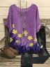 Violet Cotton-Blend Short Sleeve Floral Tops