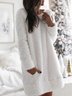 White Round Neck Cotton-Blend Casual Plush Winter Dress